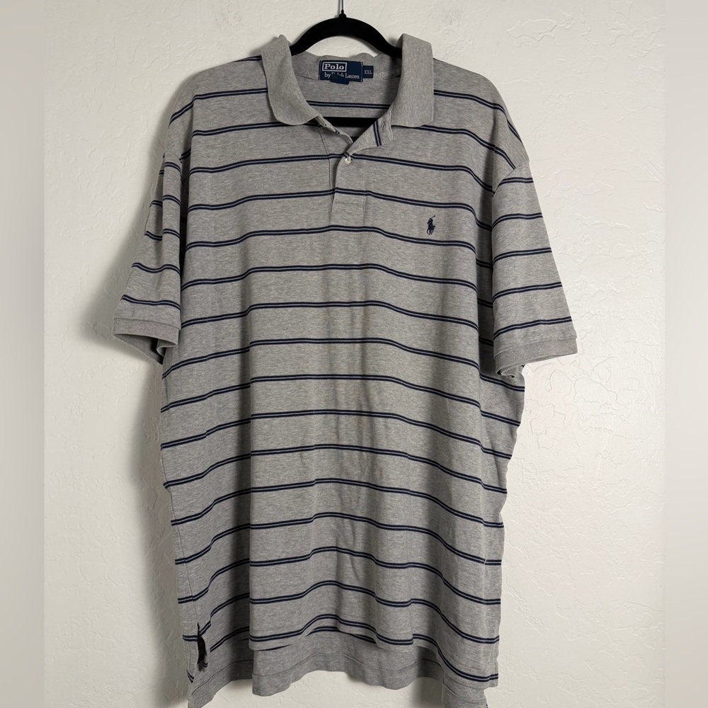 Vintage Ralph Lauren Polo Shirt Mens XXL Gray/Blue Stripes Golf/Casual Wear